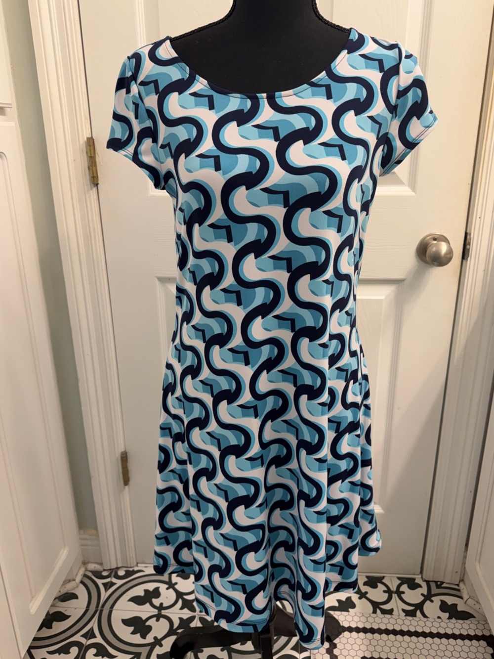 KAARI Blue Blue Wave-Print Short Sleeve A-Line Dress